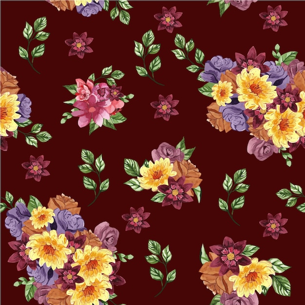 Hermoso patrón transparente con flores y hojas sobre un fondo rojo.