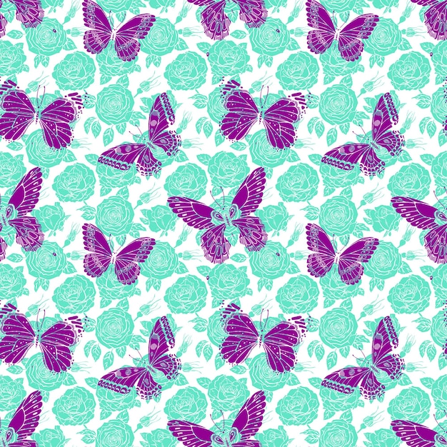 Hermoso patrón transparente de rosas y mariposas de colores. Ilustración dibujada a mano