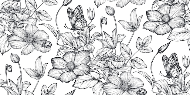 Vector hermoso patrón transparente de vector dibujado a mano con flores de jardín en blanco y negro clemátide hortensia begonia