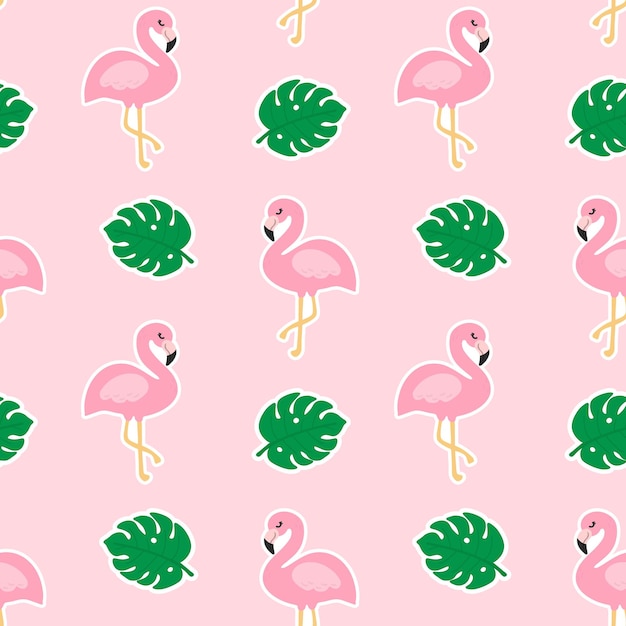 Hermoso patrón tropical transparente con flamencos rosados y hojas de monstera sobre un fondo rosa Textura de verano abstracta Diseño para papel tapiz de tela textil y decoración