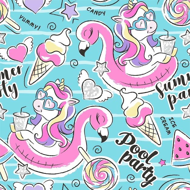 hermoso patrón de unicornio de la fiesta de la piscina de color turquesa dibujo de ilustración de moda en estilo moderno