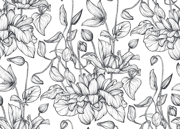 Hermoso patrón vectorial sin costuras dibujado a mano con flores de jardín negras y blancas clematis hortensia begonia fondo sin fin con plantas de jardín en flor