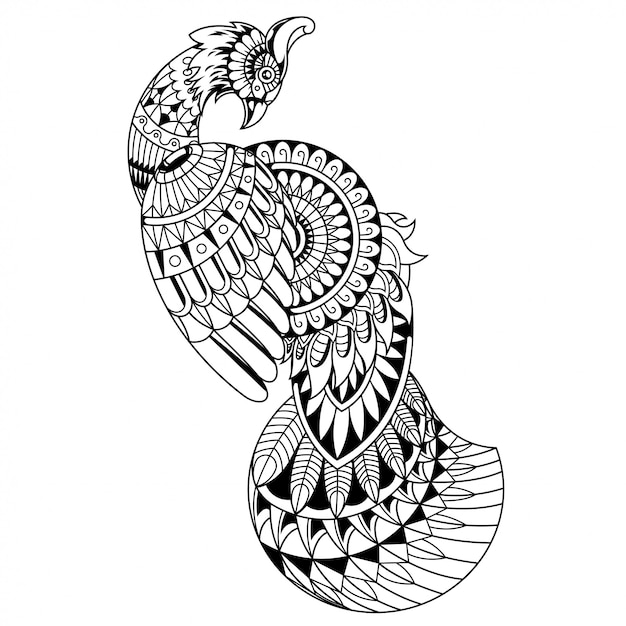 Hermoso Pavo Real Mandala Zentangle Estilo Lineal