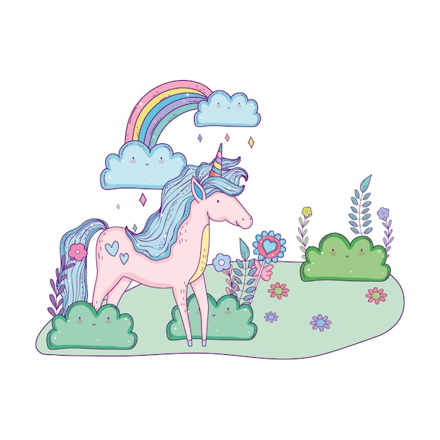 Hermoso pequeño unicornio con arco iris en el paisaje