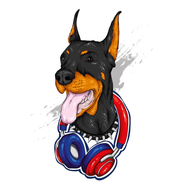 Vector hermoso perro con auriculares.