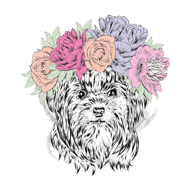 Hermoso perro en corona de flores