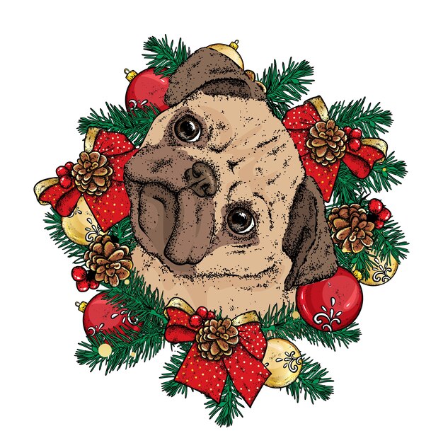 Hermoso perro con corona de Navidad