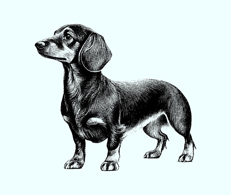 Vector hermoso perro salchicha blanco y negro ilustración boceto grabado vector