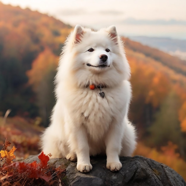 Un hermoso perro samoyed blanco en la montaña en el bosque de otoño