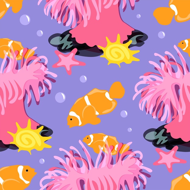 Hermoso pez payaso anémona de patrones sin fisuras gran diseño para cualquier propósito color rosa naranja violeta