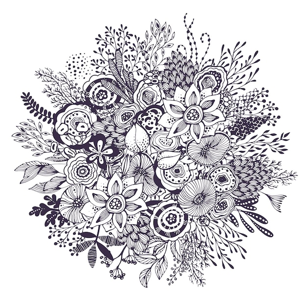 Hermoso ramo de fantasía con flores, plantas, ramas dibujadas a mano. Ilustración de vector de blanco y negro.