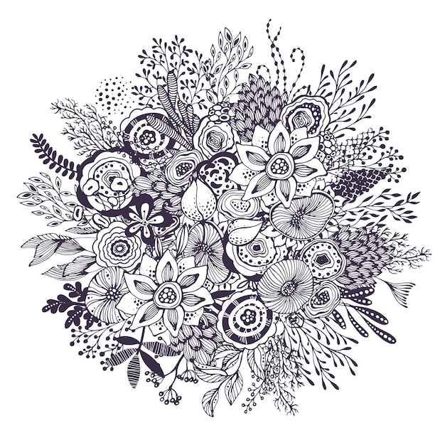 Hermoso ramo de fantasía con flores, plantas, ramas dibujadas a mano. ilustración de vector de blanco y negro.