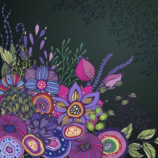 Hermoso ramo de fantasía con flores, plantas, ramas dibujadas a mano. Ilustración de vector colorido brillante.