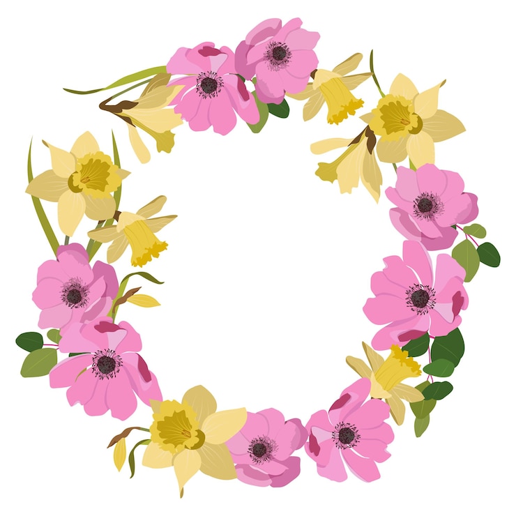 Vector hermoso ramo floral corona ilustración vectorial editable primavera amarillo pálido narciso rosa anémona flores boda invitar elemento diseñador saludo pascua