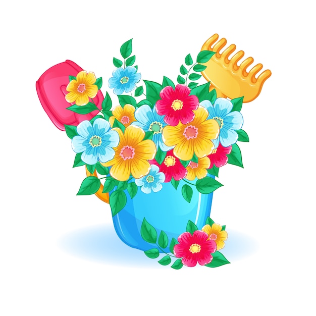 Vector hermoso ramo floral en un cubo de juguete para niños azul.