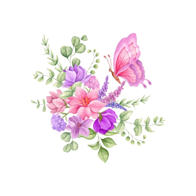 Hermoso ramo floral decorativo acuarela con mariposa para tarjeta de felicitación