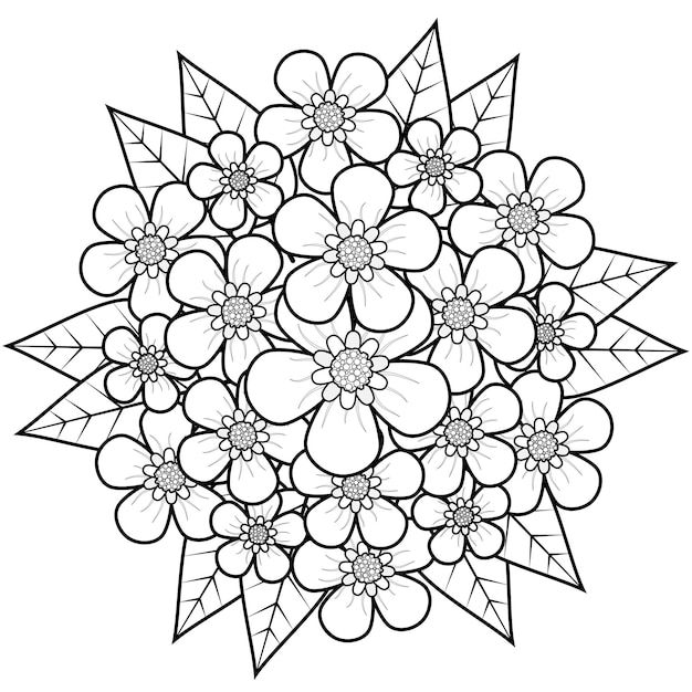 Vector hermoso ramo de flores y deja dibujar a mano dibujo de flores en blanco y negro para colorear para adultos b