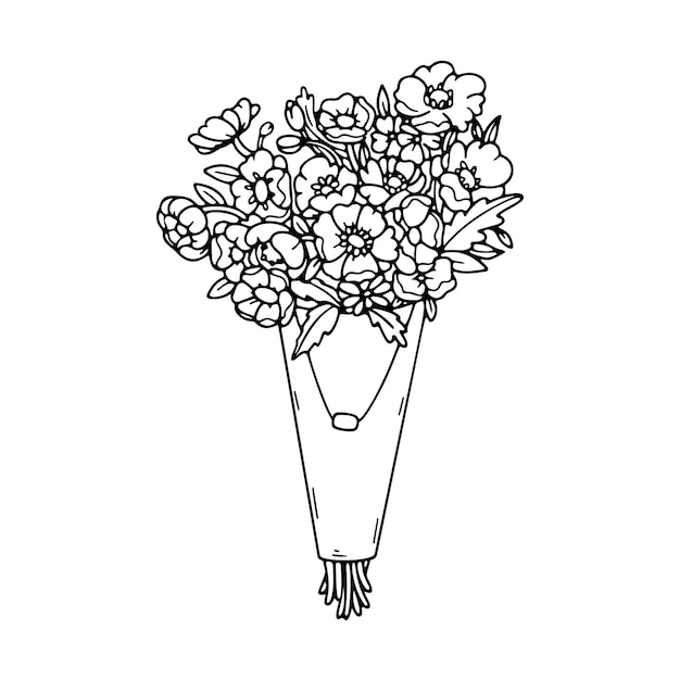 Hermoso ramo de flores envuelto con papel en estilo lineal vector dibujo a mano con contorno negro