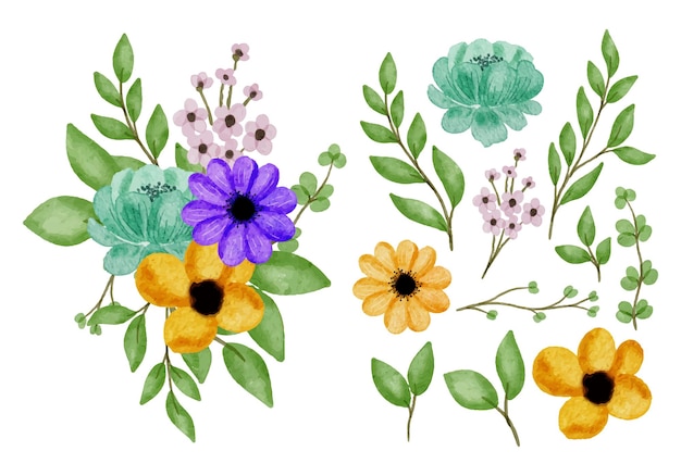 Vector hermoso ramo de flores y licencia para decoración en estilo de colores de agua