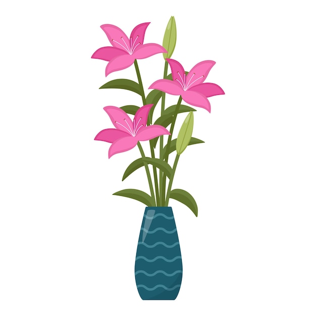 Hermoso ramo de lirios en florero, ilustración vectorial