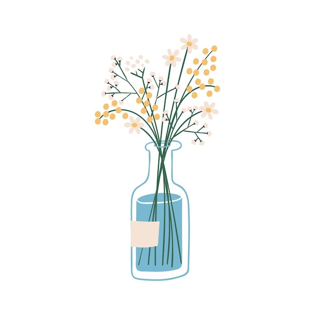 Hermoso ramo con plantas silvestres en jarrón de vidrio vector ilustración plana. Lindo ramo primaveral de flores de mimosa, margarita y gypsophila. Composición florística para decoración aislada en blanco.