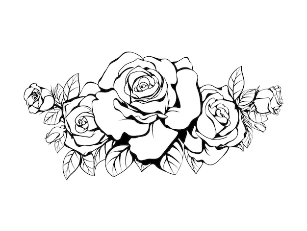 Hermoso ramo de rosas y hojas en blanco y negro arreglo floral aislado sobre fondo