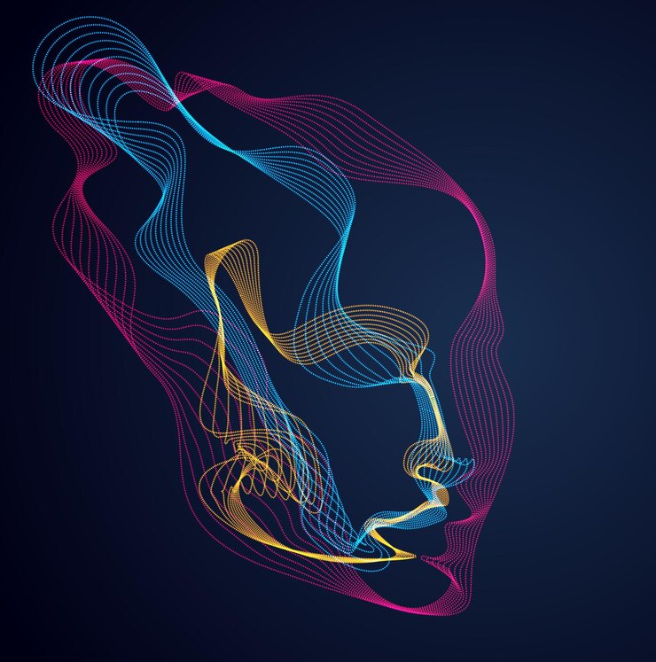 Vector hermoso retrato vectorial de rostro humano, ilustración artística de cabeza de hombre hecha de matriz de partículas punteadas, inteligencia artificial, interfaz de software de programación de pc, alma digital.