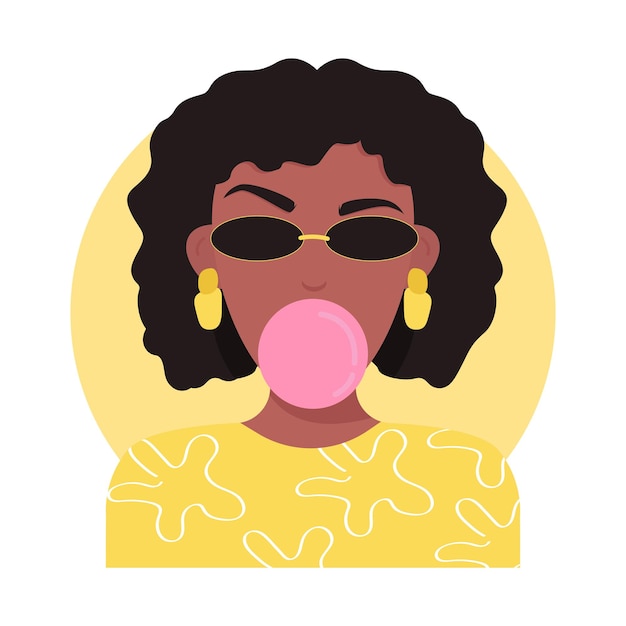 Hermoso rostro femenino de piel oscura con gafas de sol con ilustración de vector plano de chicle aislado sobre fondo blanco lindo personaje de dibujos animados de moda