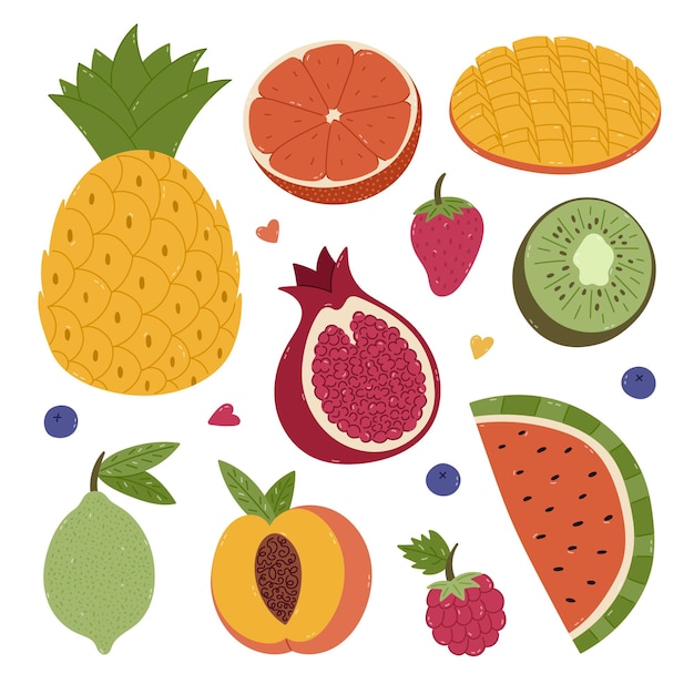 Un hermoso set de dibujos animados con frutas jugosas y saludables una piña, un mango, un pomelo, una lima, un kiwi, un melocotón