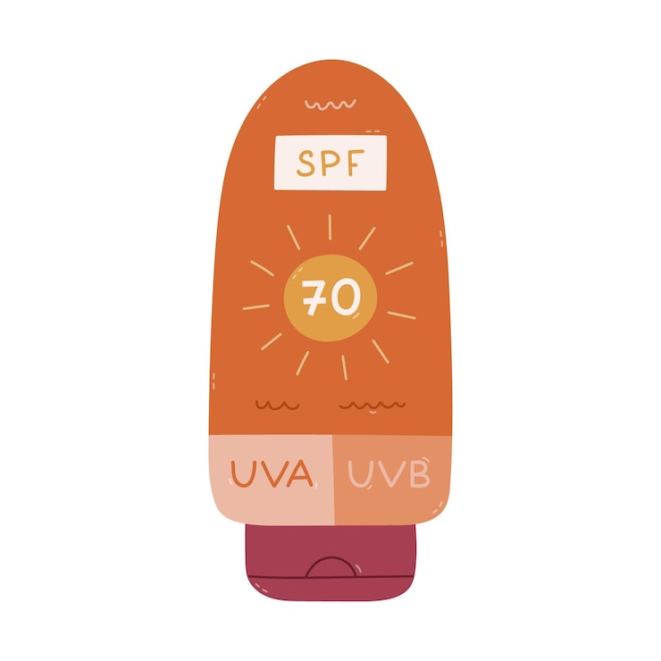 Vector un hermoso tubo de protector solar de dibujos animados con 70 spf con protección contra los rayos uva y uvb