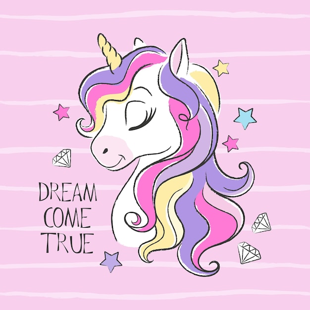 hermoso unicornio de arte en un fondo rosado dibujo de ilustración de moda en estilo moderno para la ropa
