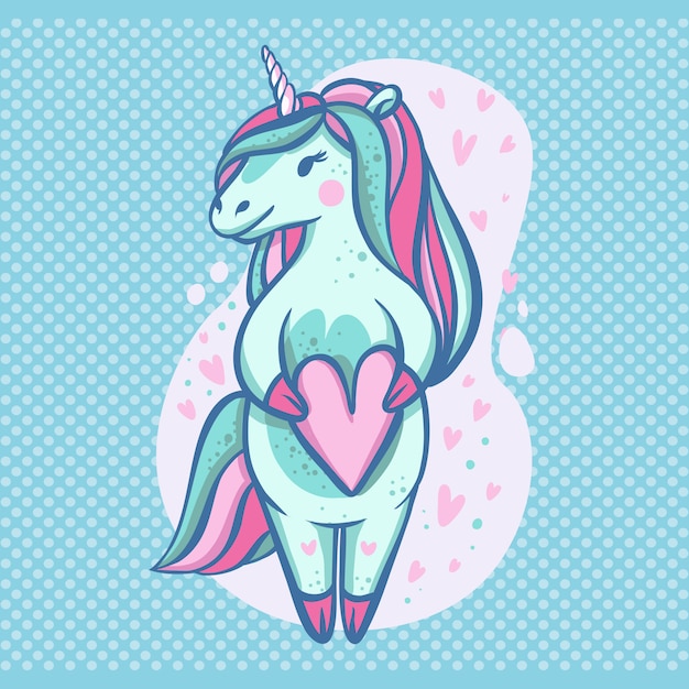 Vector hermoso unicornio azul claro con un corazón en sus manos y ojos abiertos