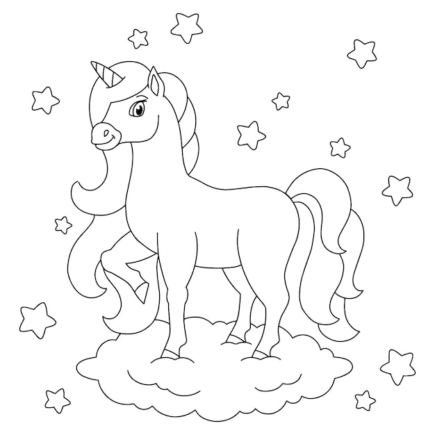 Un hermoso unicornio se encuentra en una nube Página de libro para colorear para niños