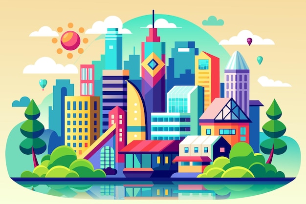hermoso vector futuro ciudad arte ciudad granizo calles de la metrópolis urbana dibujos animados moderno