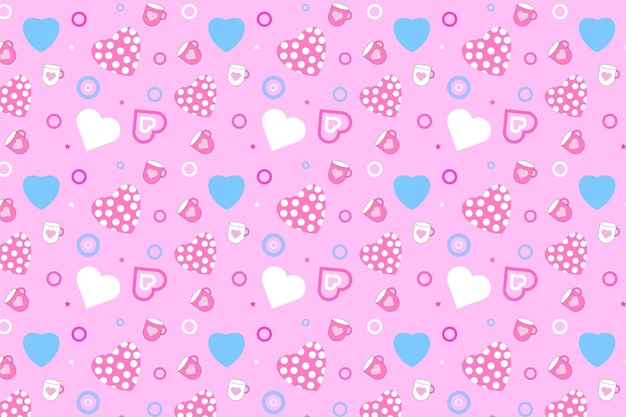 Hermoso vector de patrón de amor mínimo con formas de amor y taza de café Decoración de patrón de amor sin fin sobre un fondo rosa Lindo diseño de patrón abstracto sin costuras para fondos de pantalla y papeles de regalo