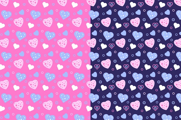 Hermoso vector de patrón de amor sobre fondo rosa y azul oscuro decoración de patrón repetitivo sin costuras con diferentes formas de amor diseño de patrón de amor mínimo para tarjetas de regalo y fondos