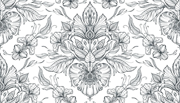 Hermoso vector de patrones sin fisuras con elementos florales dibujados a mano flores y hojas