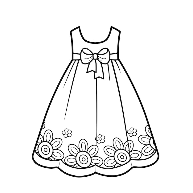 Hermoso vestido decorado flores contorno para colorear sobre un fondo blanco.