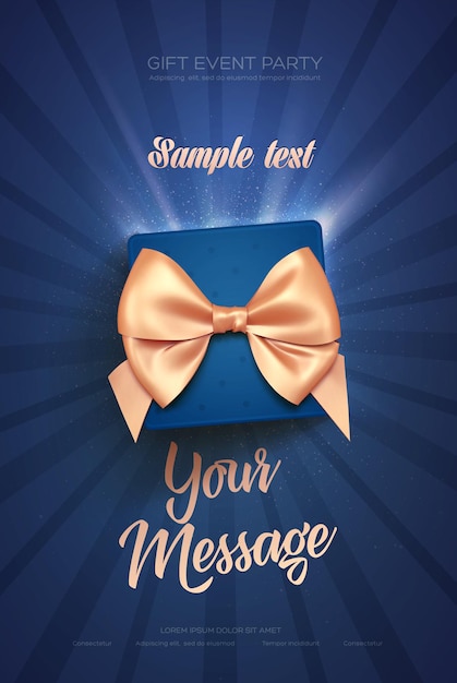 Hermoso volante o póster de saludo del día de San Valentín Vista superior en caja de regalo azul y lazo dorado