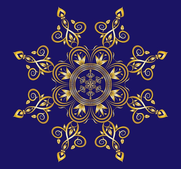 Hermosos adornos florales de círculo dorado con diseño vectorial en color azul sólido