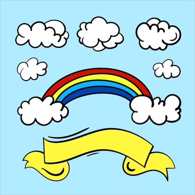 Hermosos arco iris de dibujos animados y nubes Ilustración vectorial dibujada a mano