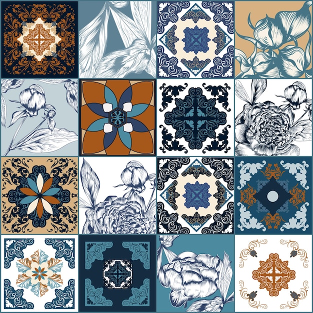 Hermosos azulejos de colores decorativos tradicionales azulejos en estilo portugués fondo abstracto vector dibujado a mano ilustración baldosas mediterráneas baldosas de cerámica