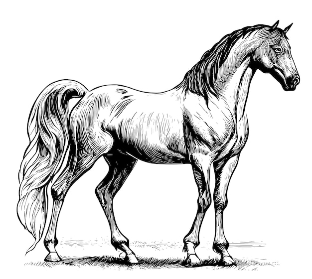 Hermosos caballos de pie dibujados a mano