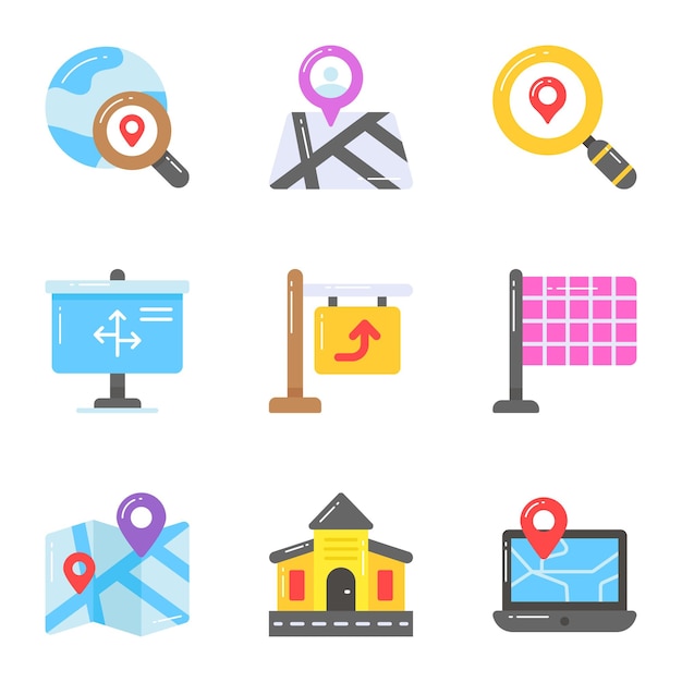 Hermosos conjuntos de vectores diseñados de mapas y navegación fáciles de usar en aplicaciones móviles web