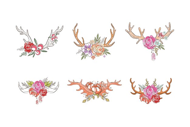 Hermosos cuernos de ciervo o cuernos con flores en flor conjunto vectorial de ramos