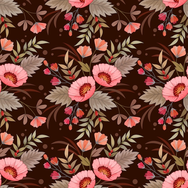 Hermosos diseños de flores en un fondo de color marrón con un patrón sin costuras