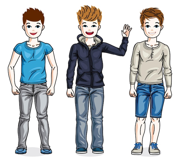 Vector hermosos y felices jóvenes adolescentes posando con diferentes ropas informales. conjunto de ilustraciones para niños de diversidad vectorial.