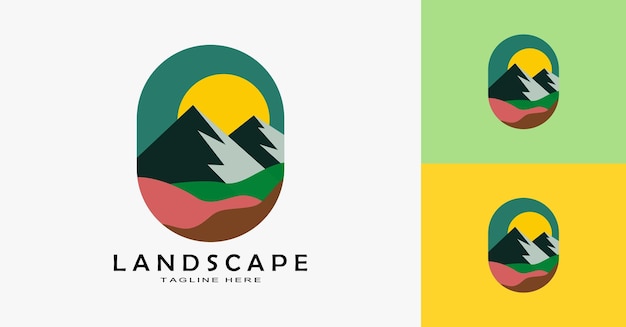 Vector hermosos iconos de logotipos de paisajes dos montañas con sol y río diseño minimalista para la vida silvestre