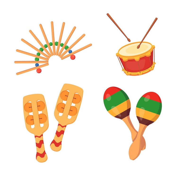 Vector hermosos instrumentos musicales de percusión ruido tambores maracas instrumentos musicales festivos con adornos decorativos para conciertos eventos festivales ilustración vectorial aislada