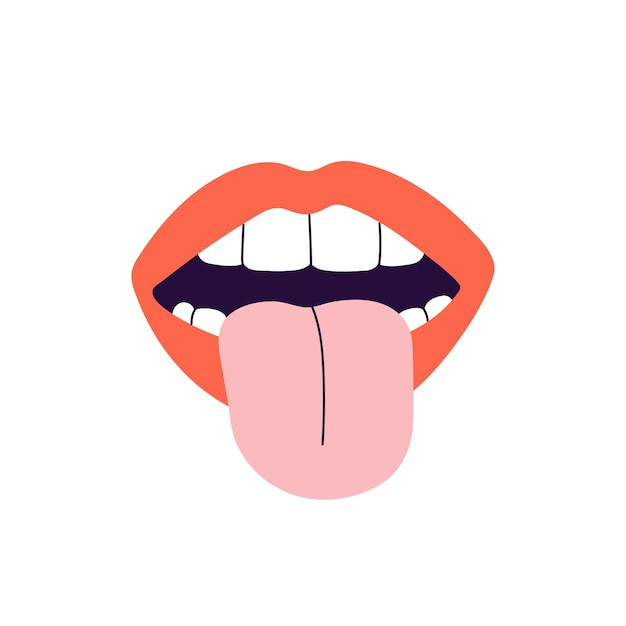 Hermosos labios femeninos muestran el icono de la lengua boca roja con dientes limpios sonrisa de mujer saludable higiene bucal salud dental belleza y odontología ilustración vectorial aislada plana sobre fondo blanco